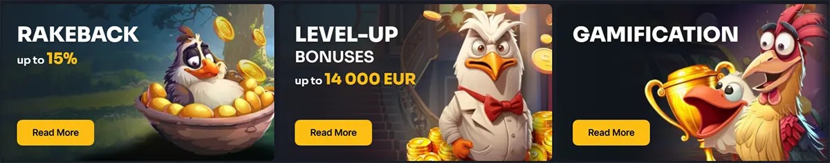 Promotional casino banners highlighting Rakeback up to 15%, Level-Up bonuses up to €14,000, and Gamification features, illustrated with cartoon chicken characters, gold coins, and trophy imagery.
