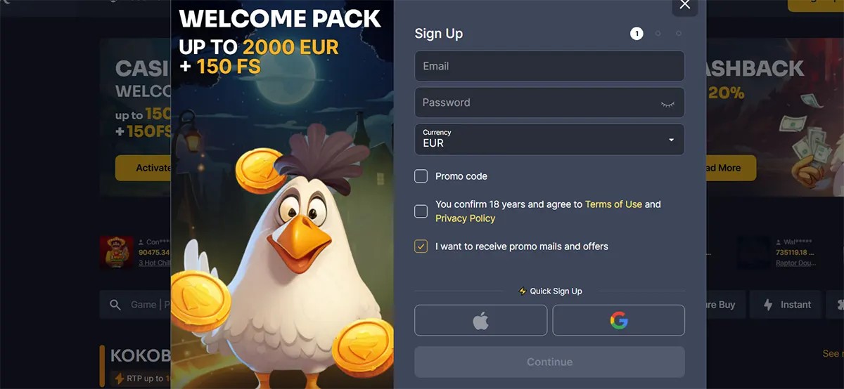 Casino sign-up popup with a welcome pack offering up to €2,000 and 150 free spins, featuring a cartoon chicken holding gold coins alongside registration fields and quick sign-up options.