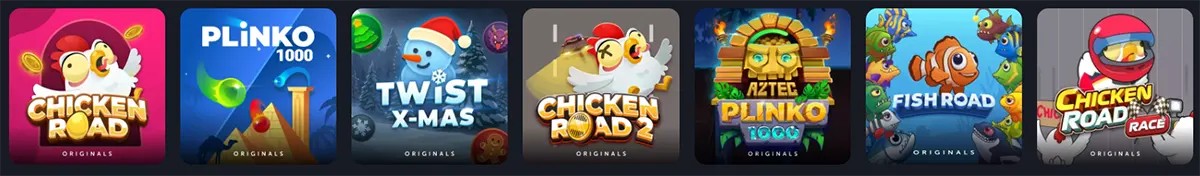 Row of original casino games including Chicken Road, Plinko 1000, Twist X-Mas, Chicken Road 2, Aztec Plinko 1000, Fish Road, and Chicken Road Race, displayed as colorful game tiles.